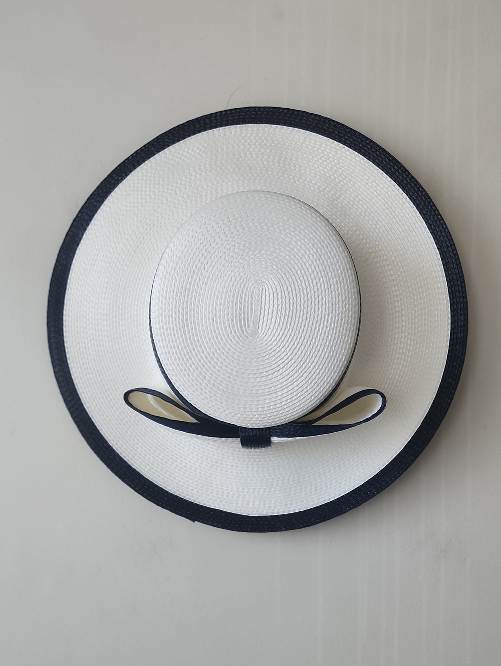 Classic White Straw Sun Hat with Black Trim and Bow. New Without Tag